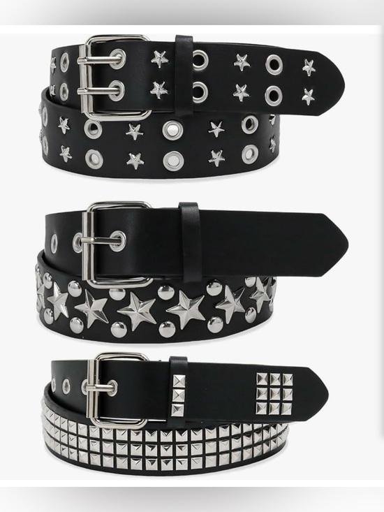 Accessories - 3pc Black Studded & Star Grommet Belt Set - Silver Hardware